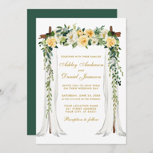 Wedding Canopy Watercolor Yellow Floral Gold Green Invitation (Front/Back)