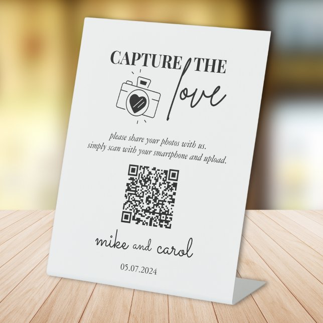 Wedding Capture The Love | Photo Sharing QR Code Pedestal Sign (Creator Uploaded)