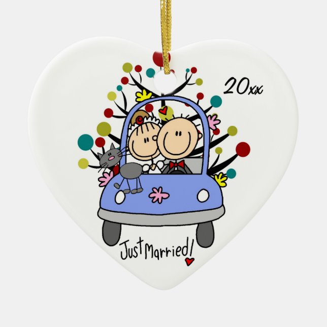 Wedding Car With Cat  Dated Heart Ornament (Front)
