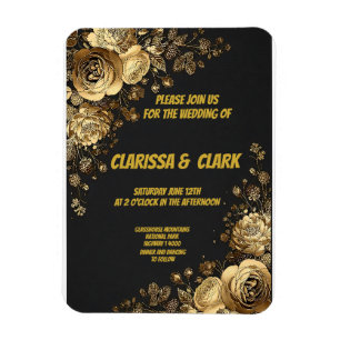 Wedding card decorated with golden flowers on a bl magnet