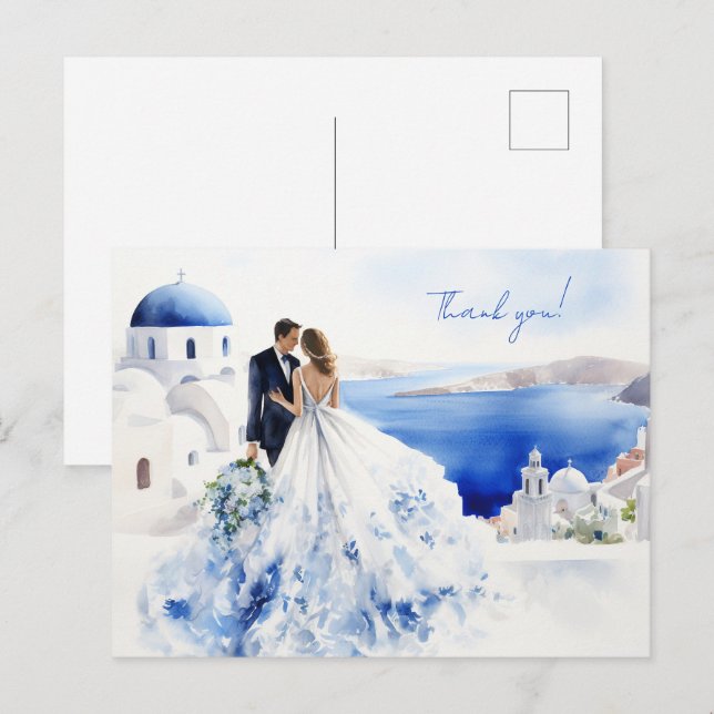 Wedding card with watercolor painting of Santorini (Front/Back)
