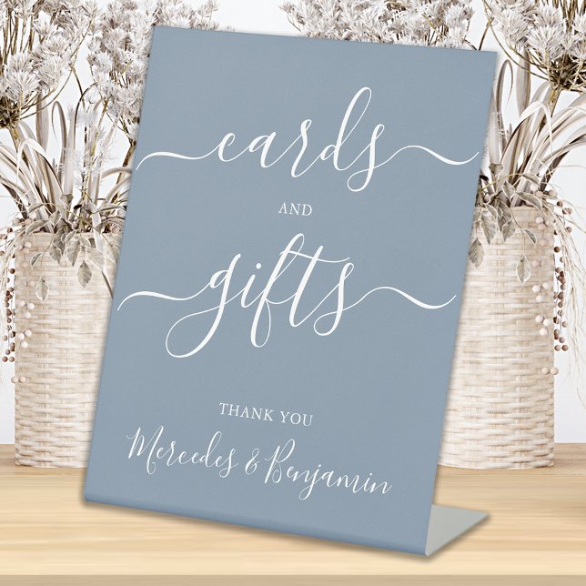Wedding Cards Gifts Modern Calligraphy Dusty Blue  Pedestal Sign (Creator Uploaded)