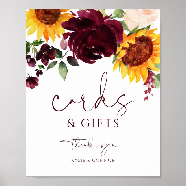 Wedding Cards & Gifts Sign Sunflower Rose Burgundy (Front)