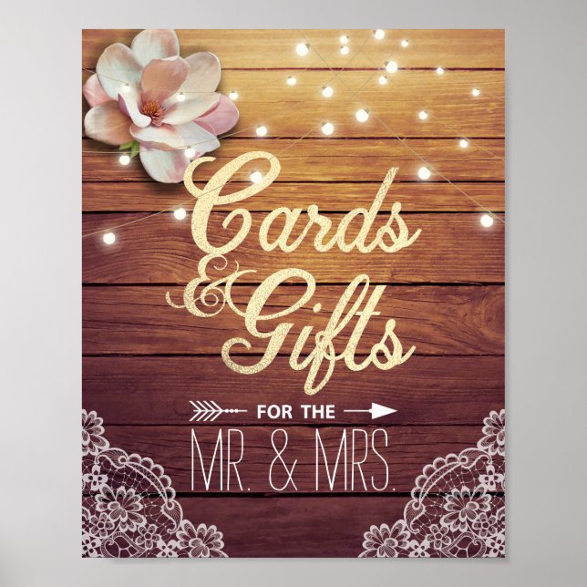 Wedding Cards Gifts Sign Wood Floral String Lights (Front)