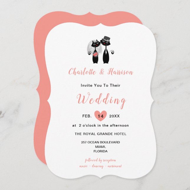 Wedding Cats Elegant Black White Coral Cute Invitation (Front/Back)