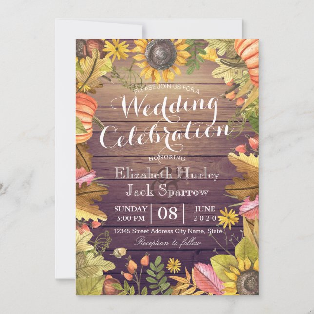 Wedding Celebration Autumn Maple Leaf Pumpkin Wood Invitation (Front)