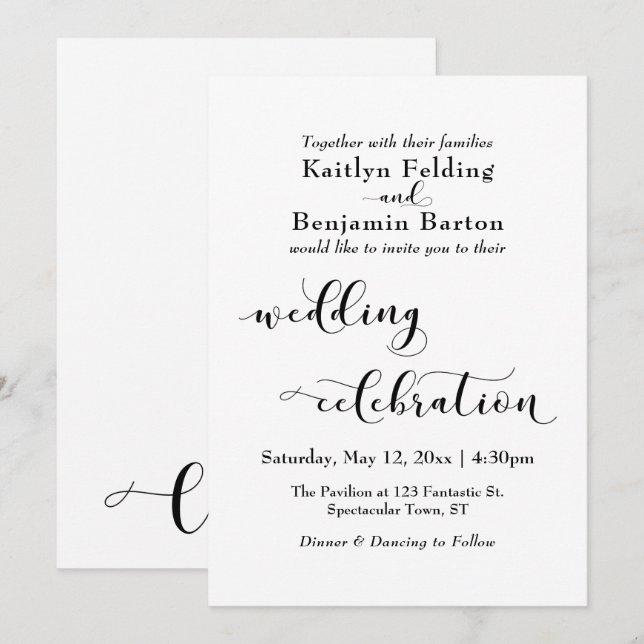 Wedding Celebration Elegant Black Script on White Invitation (Front/Back)