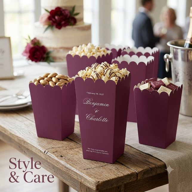 Wedding Celebration Name Date Burgundy Popcorn Favour Box (Wedding Celebration Name Date Burgundy Popcorn Favor Boxes)