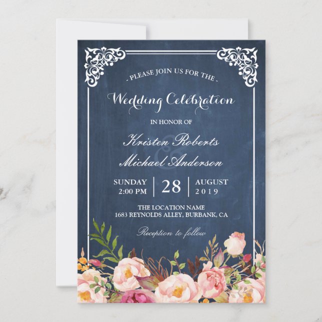 Wedding Celebration Pink Floral Blue Chalkboard Invitation (Front)