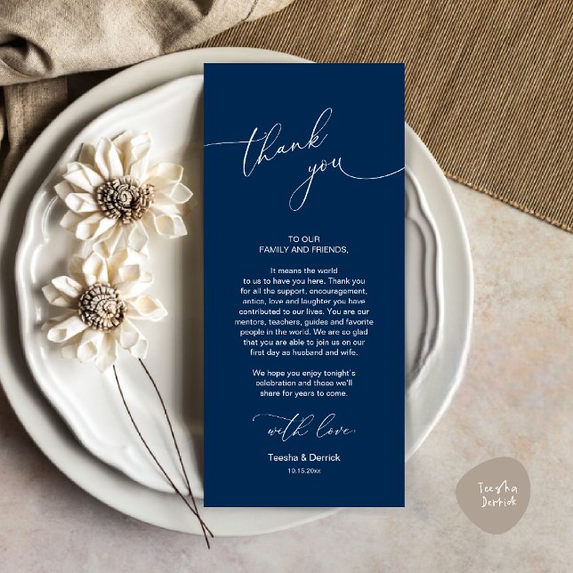 Wedding Celebration Place Setting Thank You Card (Wedding Dinner Celebration Place Setting Thank You Modern Romantic Card in Navy Blue)