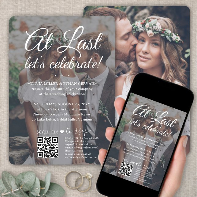 Wedding Celebration QR RSVP 2 Photos & White Text Invitation (Creator Uploaded)