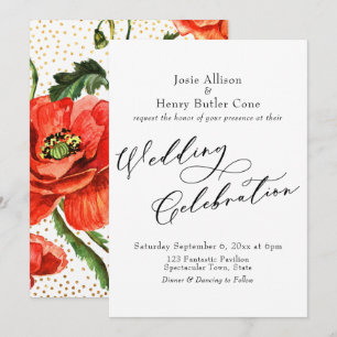 Wedding Celebration Red Poppies Gold Confetti Back Invitation