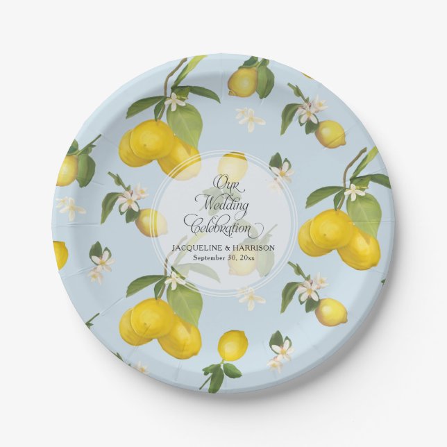 Wedding Celebration Royal Blue Lemon Flower Citrus Paper Plate (Front)