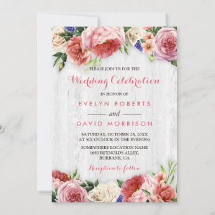 Wedding Celebration Rustic Floral Chic White Wood Invitation