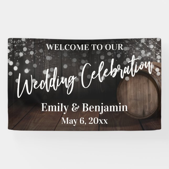 Wedding Celebration Rustic Wood Barrel and Lights Banner (Horizontal)