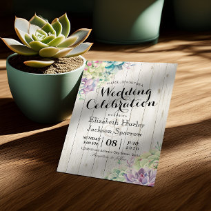 Wedding Celebration Succulent Plants Rustic Wood Invitation