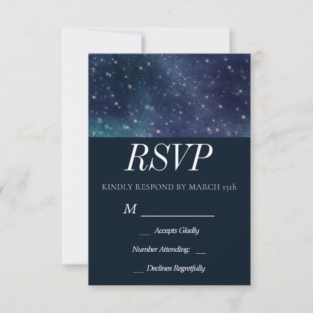Wedding Celestial Star Night Navy Romantic RSVP Card (Front)