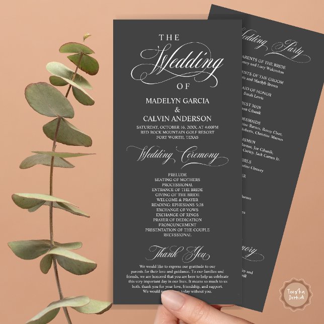 Wedding Ceremony, Classy Elegance Dark Grey Program (Wedding Ceremony Program Card, in Modern Classy Elegant Design, in Dark Grey)