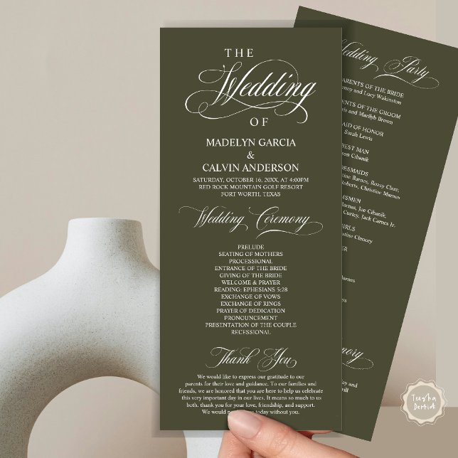 Wedding Ceremony, Classy Elegance Dusty Blue Program (Wedding Ceremony Program Card, in Modern Classy Elegant Design, in Olive Green)