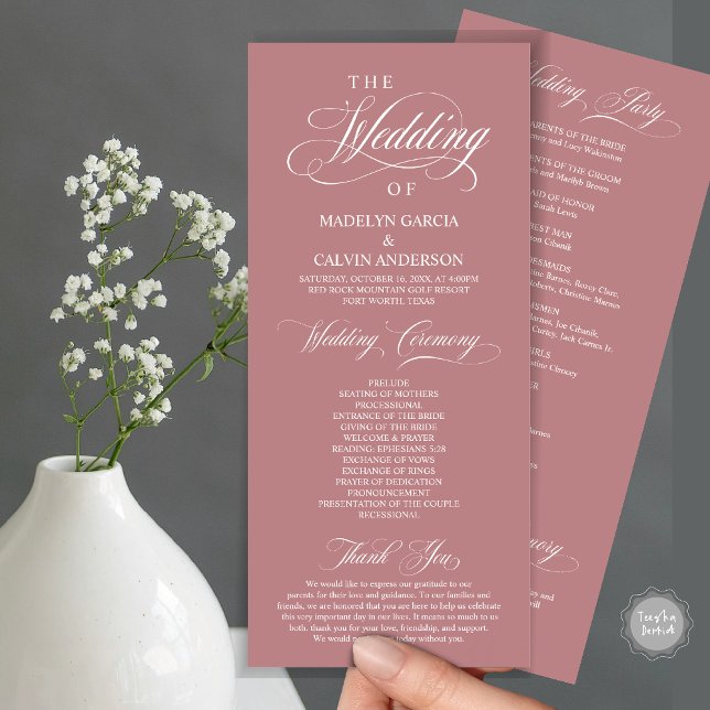 Wedding Ceremony, Classy Elegance Dusty Rose Pink Program (Wedding Ceremony Program Card, in Modern Classy Elegant Design, in Dusty Rose Pink)