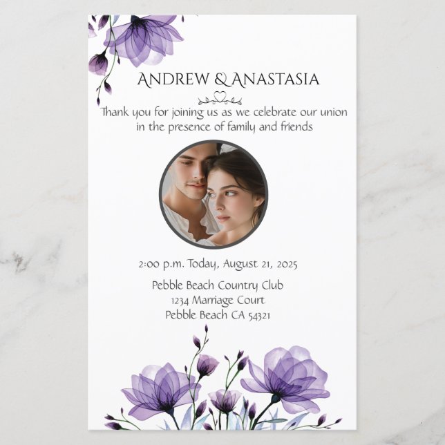 Wedding Ceremony Day of Program Photo & Floral (Front)