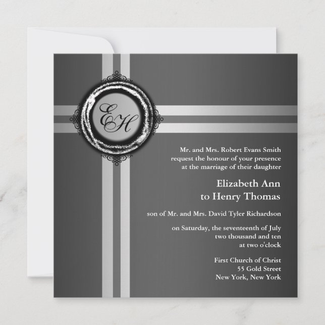 Wedding Ceremony Invitation Grey Silver Embossed (Front)