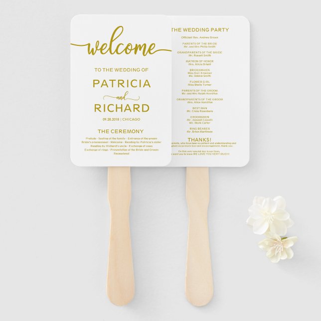 Wedding Ceremony Order of Service Program Gold Hand Fan (Front and Back)