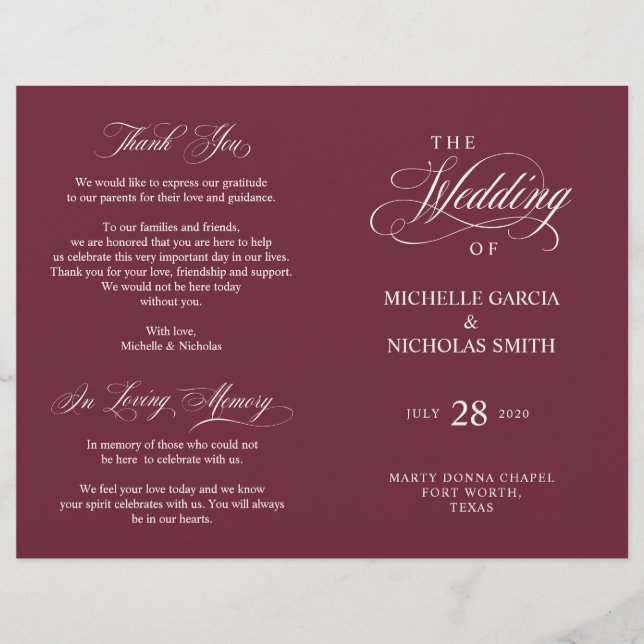 Wedding Ceremony Program Classic Elegance Burgundy (Front)