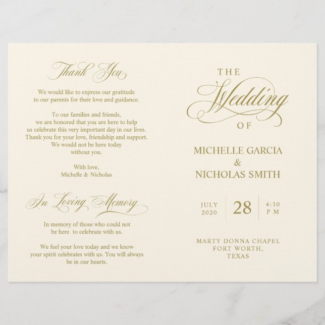 Wedding Ceremony Program Classic Elegance Gold (Front)