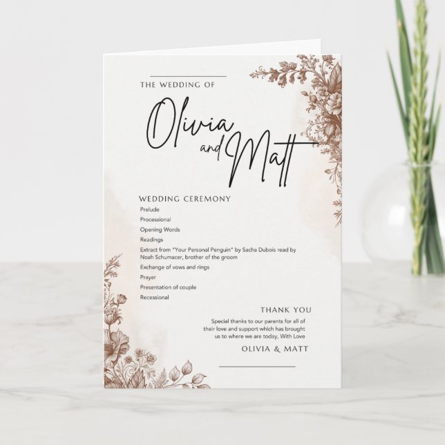 Wedding Ceremony Program – Elegant Floral Brown De (Front)