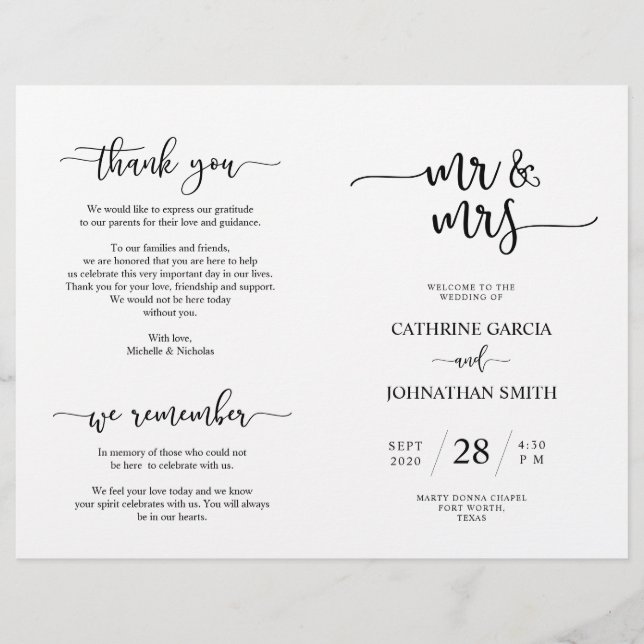 Wedding Ceremony Program, Elegant Script Black (Front)