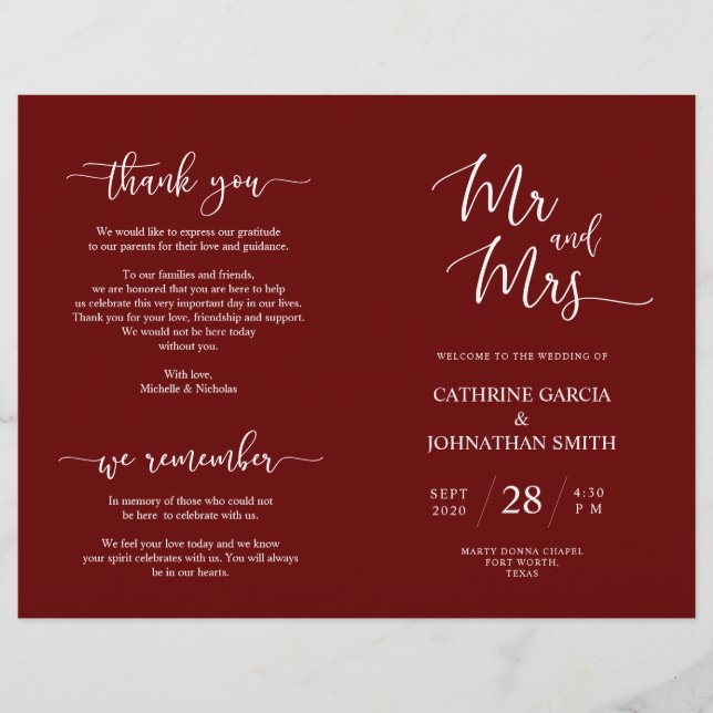 Wedding Ceremony Program, Elegant Script Burgundy (Front)