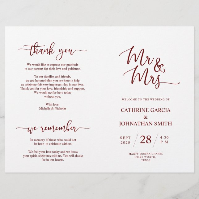 Wedding Ceremony Program, Elegant Script Burgundy (Front)