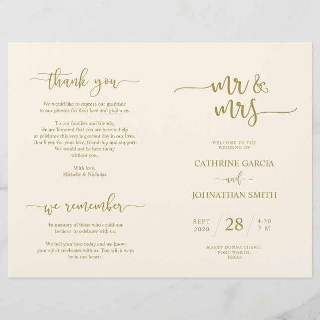 Wedding Ceremony Program, Elegant Script Gold (Front)