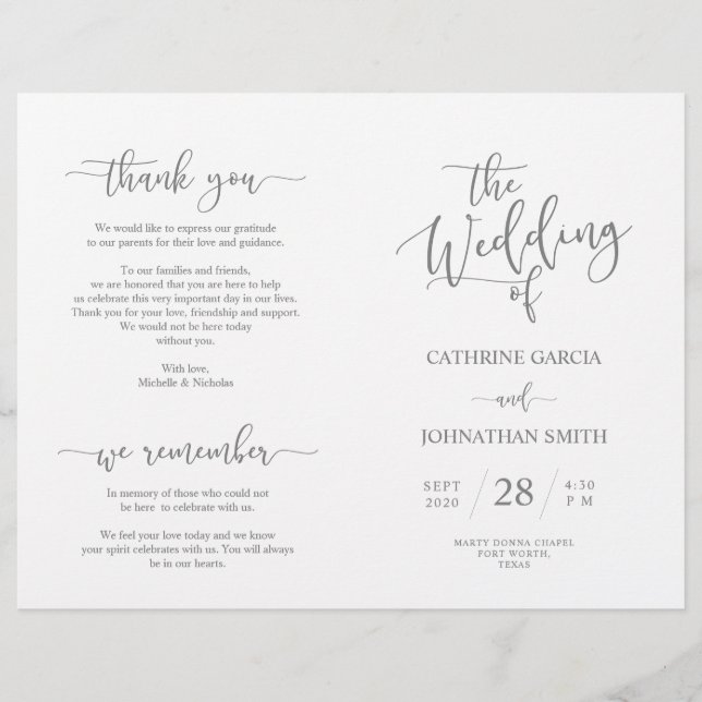 Wedding Ceremony Program, Elegant Script Grey (Front)
