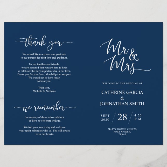 Wedding Ceremony Program, Elegant Script Navy Blue (Front)