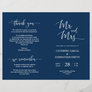 Wedding Ceremony Program, Elegant Script Navy Blue