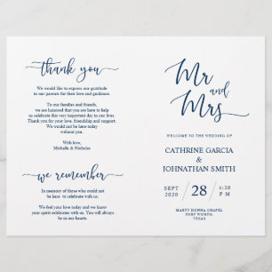 Wedding Ceremony Program, Elegant Script Navy Blue