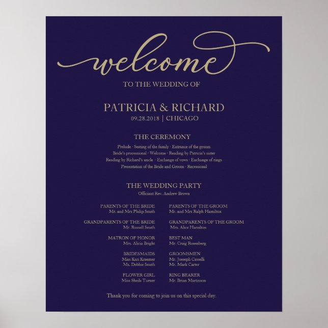 Wedding Ceremony Program Gold Script Navy Blue Poster (Front)