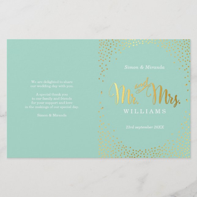 WEDDING CEREMONY PROGRAM mini gold confetti mint (Front)