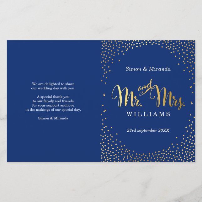 WEDDING CEREMONY PROGRAM mini gold confetti navy (Front)