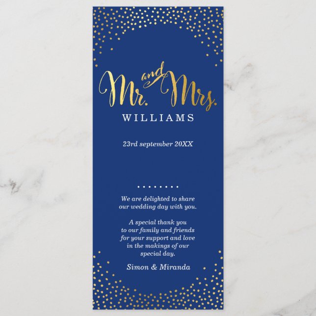 WEDDING CEREMONY PROGRAM mini gold confetti navy (Front)