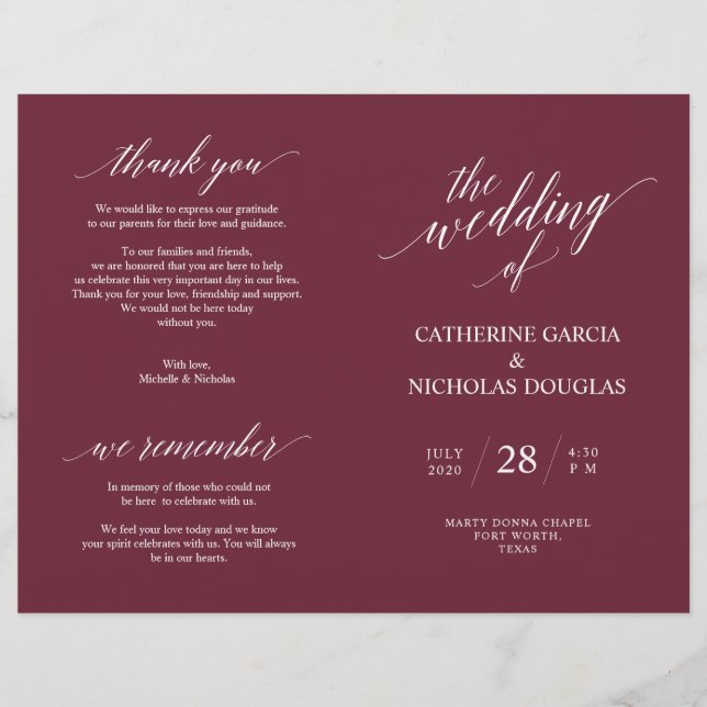 Wedding Ceremony Program Modern Elegance Burgundy (Front)