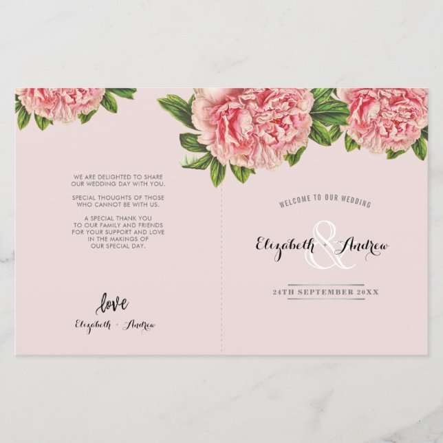 WEDDING CEREMONY PROGRAM pink floral peony flower (Front)
