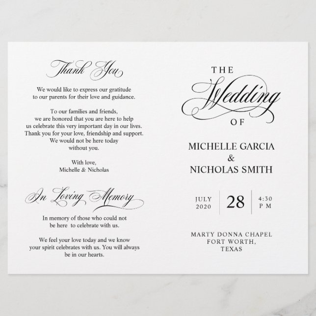 Wedding Ceremony Programs, Classic Elegance Black (Front)