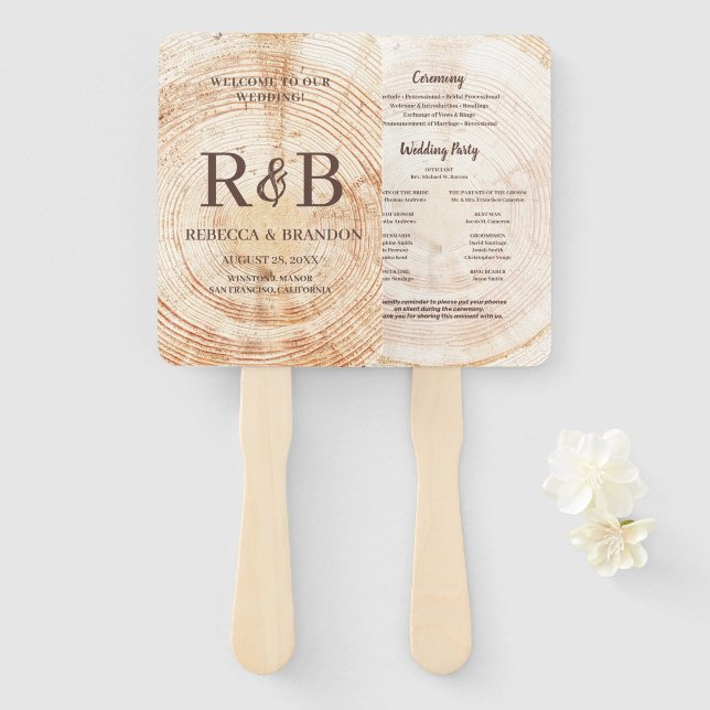 Wedding Ceremony Rustic Wood Monogram Names  Hand Fan (Front and Back)
