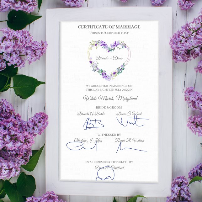 Wedding Certificate Purple Watercolor Floral Heart Poster (Creator Uploaded)