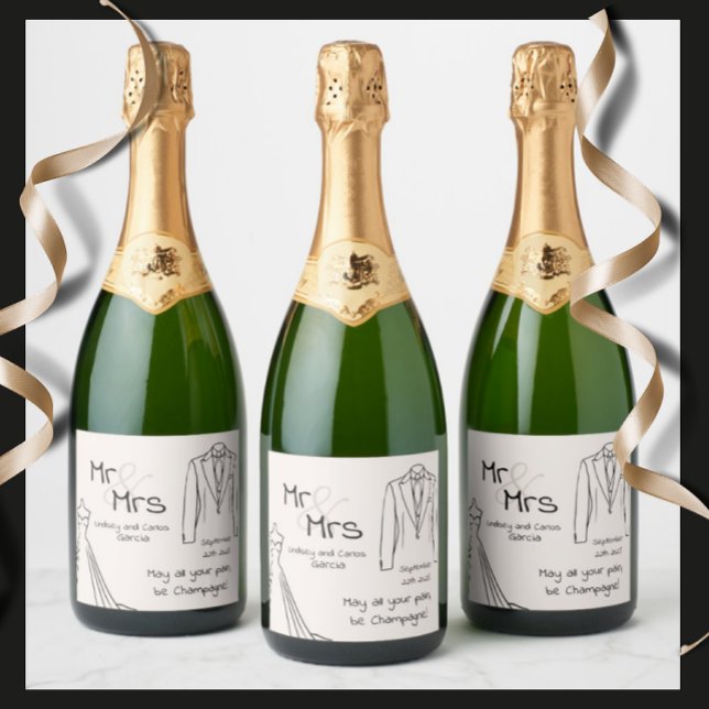 wedding champagne bottle label Mr and Mrs (Custom label for wedding, simple elegant design of a siluette dress and suit)