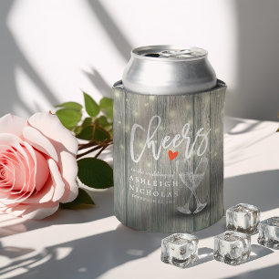 Wedding Champagne Glasses Rustic Wood String Light Can Cooler