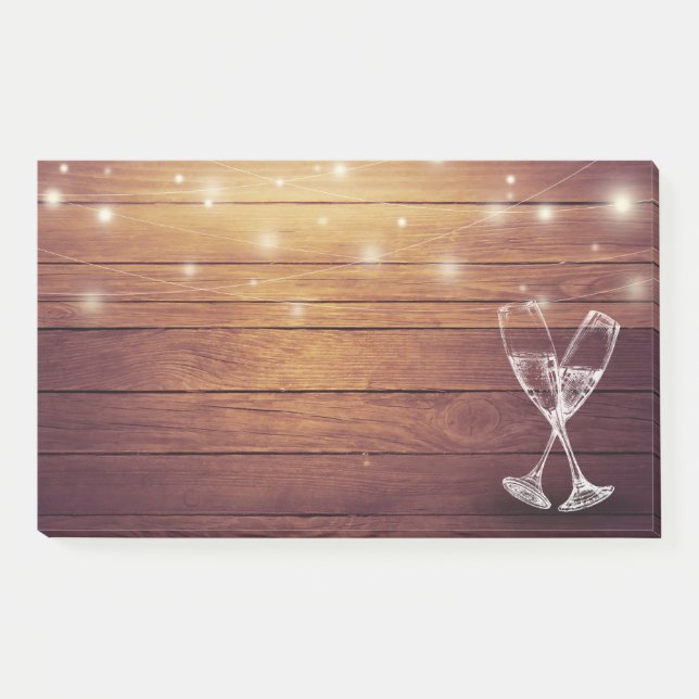 Wedding Champagne Glasses String Light Rustic Wood Post-it Notes (Front)